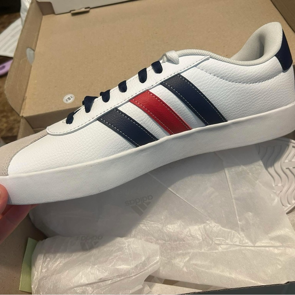 Adidas Men's White Sneakers with Blue and Red Stripes